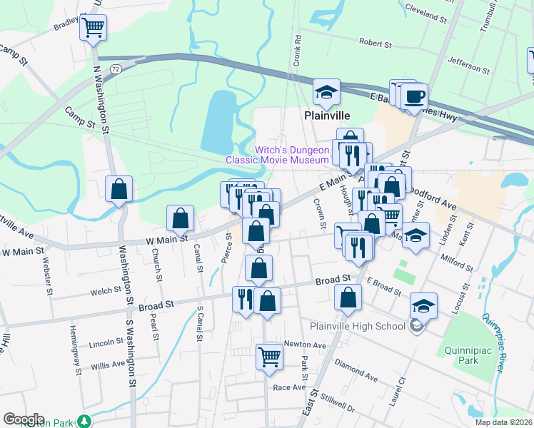 map of restaurants, bars, coffee shops, grocery stores, and more near 1 Central Square in Plainville