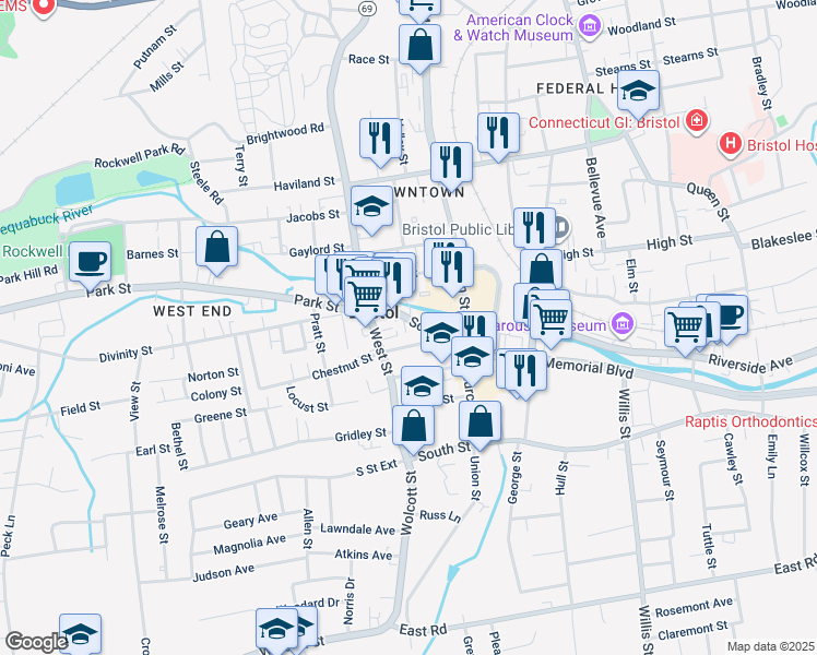 map of restaurants, bars, coffee shops, grocery stores, and more near 149 Connecticut 72 in Bristol