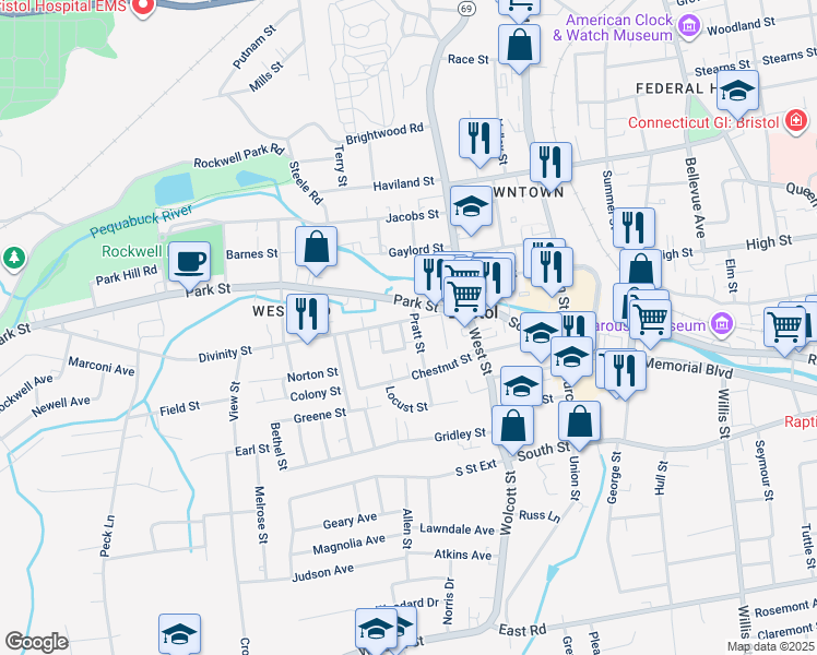 map of restaurants, bars, coffee shops, grocery stores, and more near 76 Divinity Street in Bristol