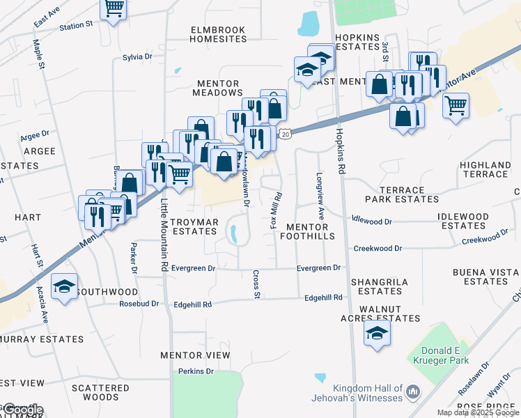 map of restaurants, bars, coffee shops, grocery stores, and more near 7311 Trotter Lane in Mentor