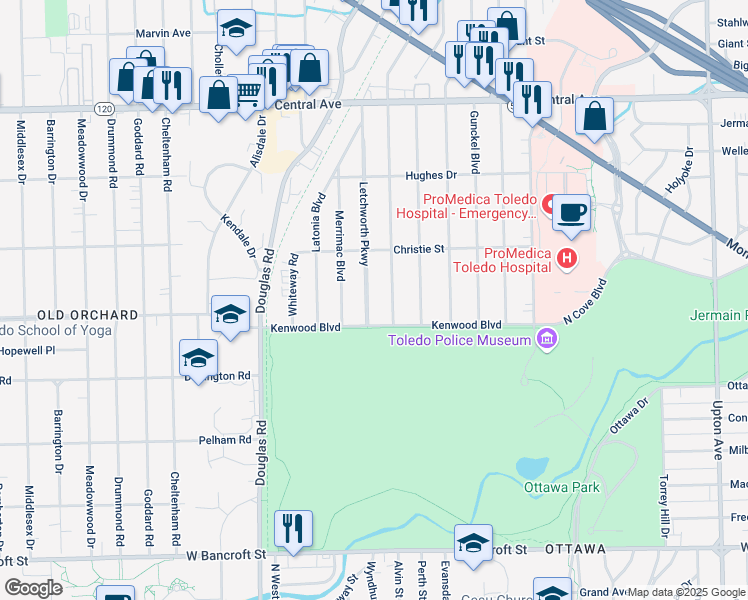 map of restaurants, bars, coffee shops, grocery stores, and more near 2637 Letchworth Parkway in Toledo