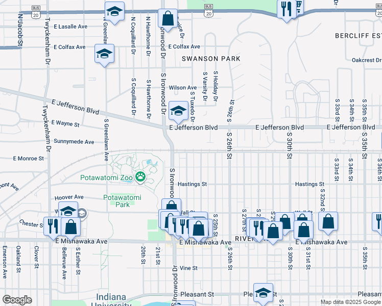 map of restaurants, bars, coffee shops, grocery stores, and more near 500 South 23rd Street in South Bend