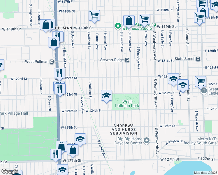 map of restaurants, bars, coffee shops, grocery stores, and more near 12235 South Normal Avenue in Chicago