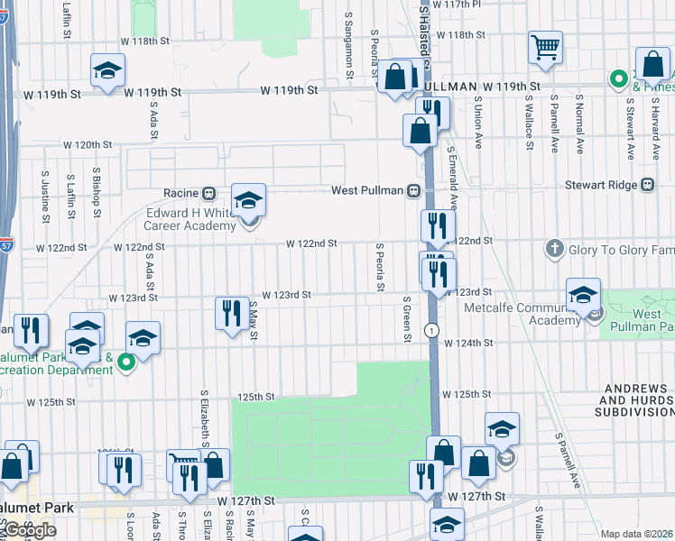 map of restaurants, bars, coffee shops, grocery stores, and more near 12225 South Morgan Street in Chicago