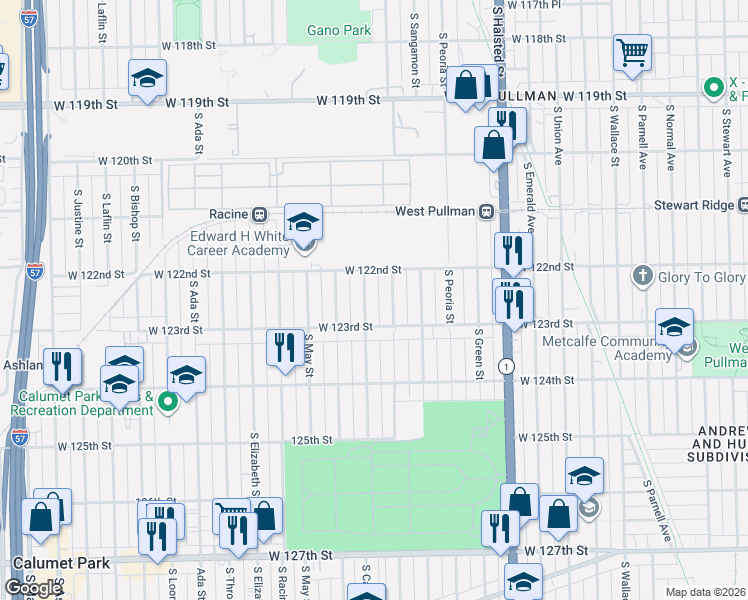 map of restaurants, bars, coffee shops, grocery stores, and more near 12224 South Carpenter Street in Chicago