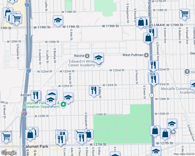 map of restaurants, bars, coffee shops, grocery stores, and more near 12223 South Racine Avenue in Chicago