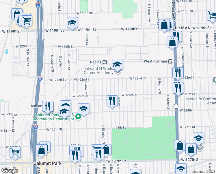 map of restaurants, bars, coffee shops, grocery stores, and more near 12223 South Elizabeth Street in Chicago