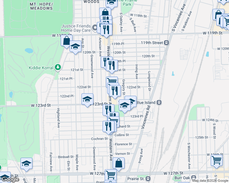 map of restaurants, bars, coffee shops, grocery stores, and more near 12215 Western Avenue in Blue Island