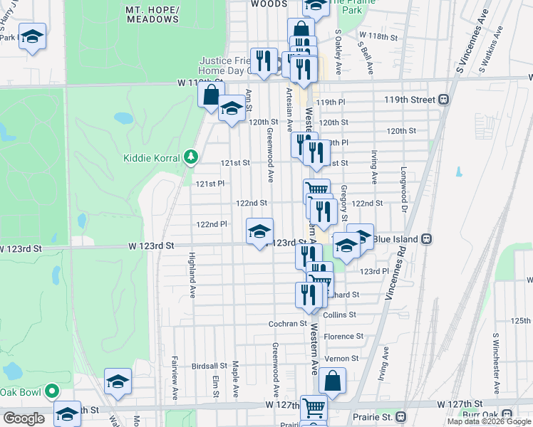 map of restaurants, bars, coffee shops, grocery stores, and more near 12205 Ann Street in Blue Island