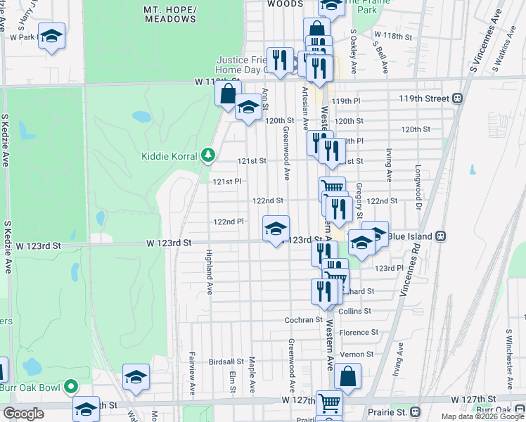 map of restaurants, bars, coffee shops, grocery stores, and more near 12205 Ann Street in Blue Island