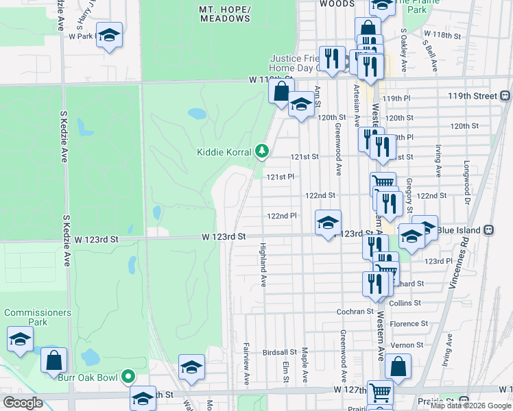 map of restaurants, bars, coffee shops, grocery stores, and more near 2715 122nd Street in Blue Island