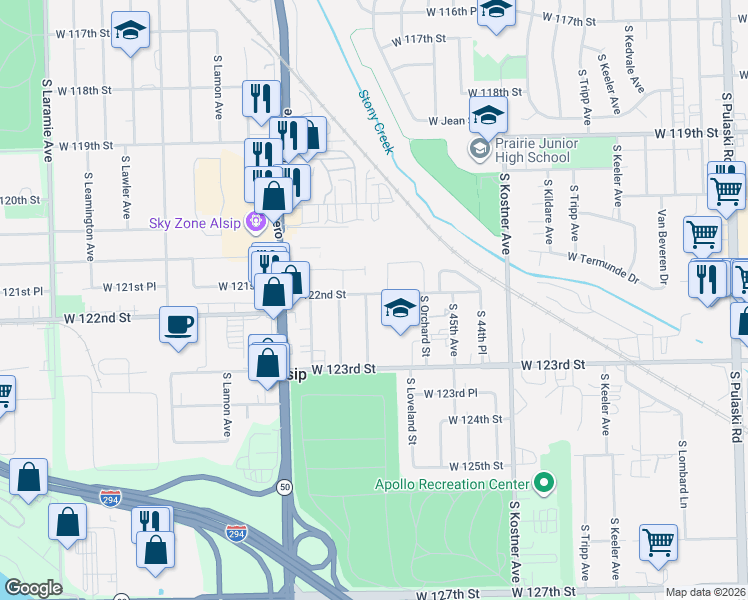 map of restaurants, bars, coffee shops, grocery stores, and more near 12201 South Rexford Avenue in Chicago