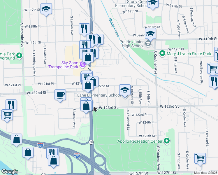 map of restaurants, bars, coffee shops, grocery stores, and more near 12159 South McDaniels Court in Alsip