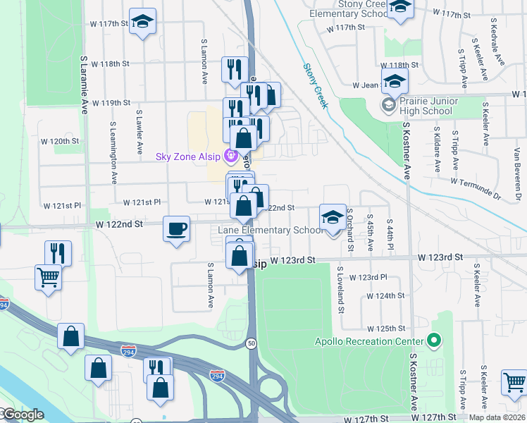 map of restaurants, bars, coffee shops, grocery stores, and more near 12147 South Cicero Avenue in Alsip