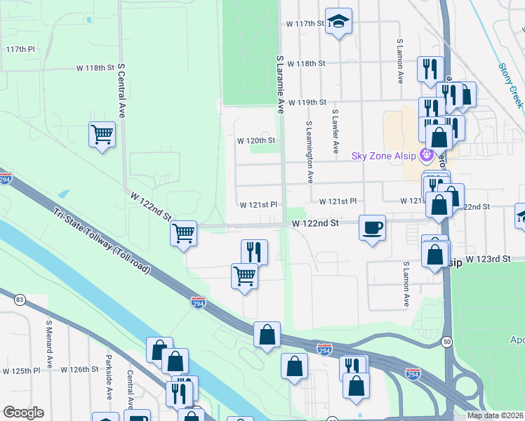 map of restaurants, bars, coffee shops, grocery stores, and more near 5225 West 121st Place in Alsip