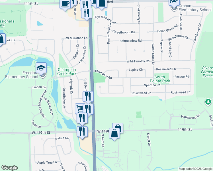 map of restaurants, bars, coffee shops, grocery stores, and more near 2823 Cordgrass Road in Naperville