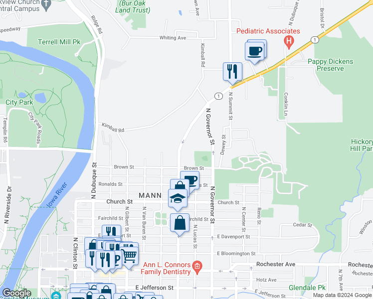 map of restaurants, bars, coffee shops, grocery stores, and more near 903 North Dodge Street in Iowa City
