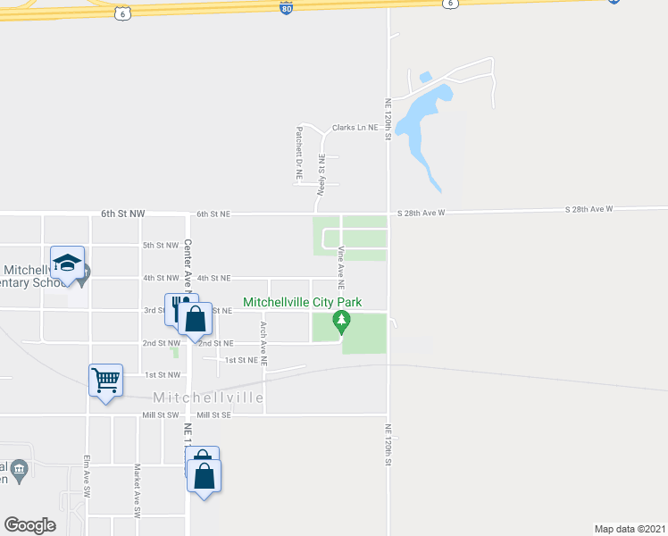 map of restaurants, bars, coffee shops, grocery stores, and more near 409 4th Street Northeast in Mitchellville