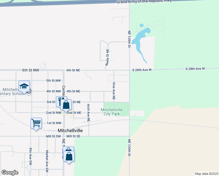map of restaurants, bars, coffee shops, grocery stores, and more near 409 4th Street Northeast in Mitchellville