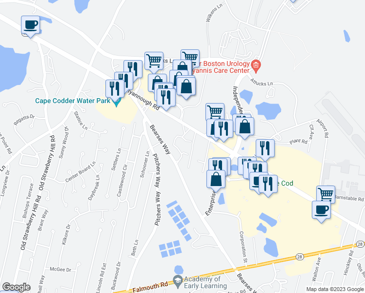 map of restaurants, bars, coffee shops, grocery stores, and more near 832 Bearses Way in Barnstable