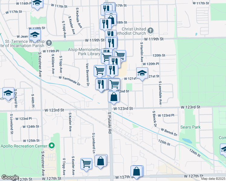 map of restaurants, bars, coffee shops, grocery stores, and more near 12116 South Harding Place in Alsip