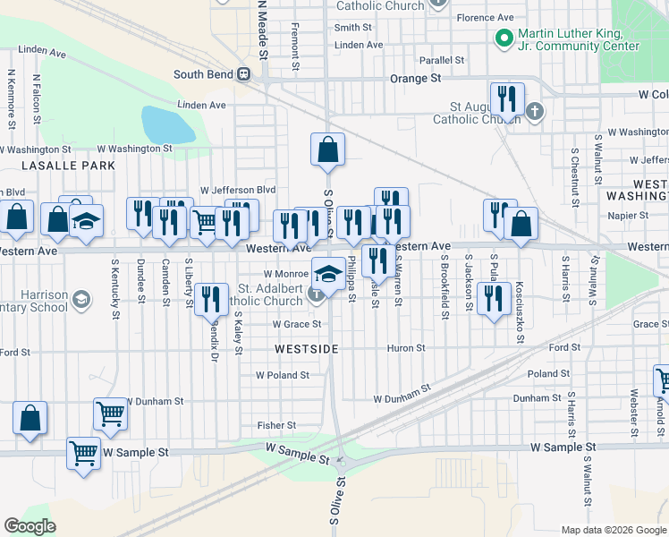 map of restaurants, bars, coffee shops, grocery stores, and more near 416 South Olive Street in South Bend