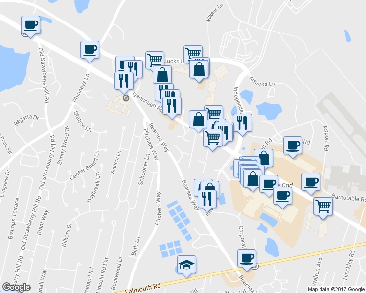 map of restaurants, bars, coffee shops, grocery stores, and more near 832 Bearses Way in Barnstable