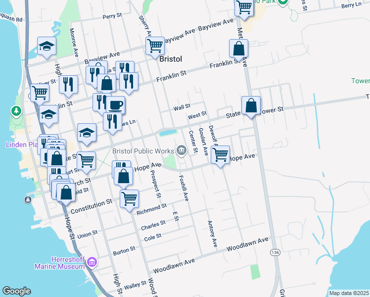 map of restaurants, bars, coffee shops, grocery stores, and more near 11 Reservoir Avenue in Bristol