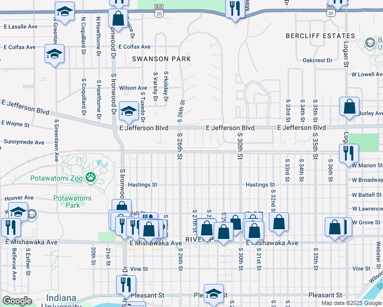 map of restaurants, bars, coffee shops, grocery stores, and more near 501 South 27th Street in South Bend