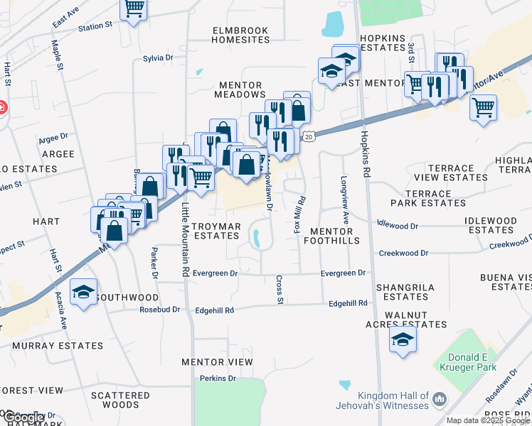 map of restaurants, bars, coffee shops, grocery stores, and more near 17 Meadowlawn Drive in Mentor