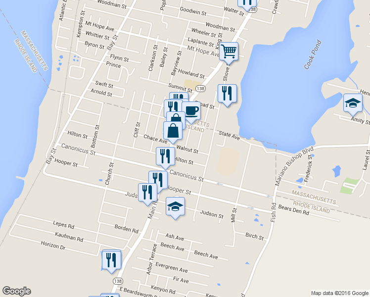 map of restaurants, bars, coffee shops, grocery stores, and more near 20 Walnut Street in Tiverton