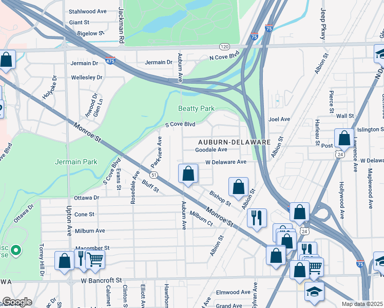 map of restaurants, bars, coffee shops, grocery stores, and more near 1443 Goodale Avenue in Toledo