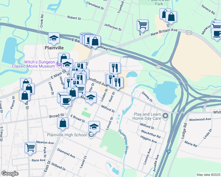 map of restaurants, bars, coffee shops, grocery stores, and more near 158 Woodford Avenue in Plainville