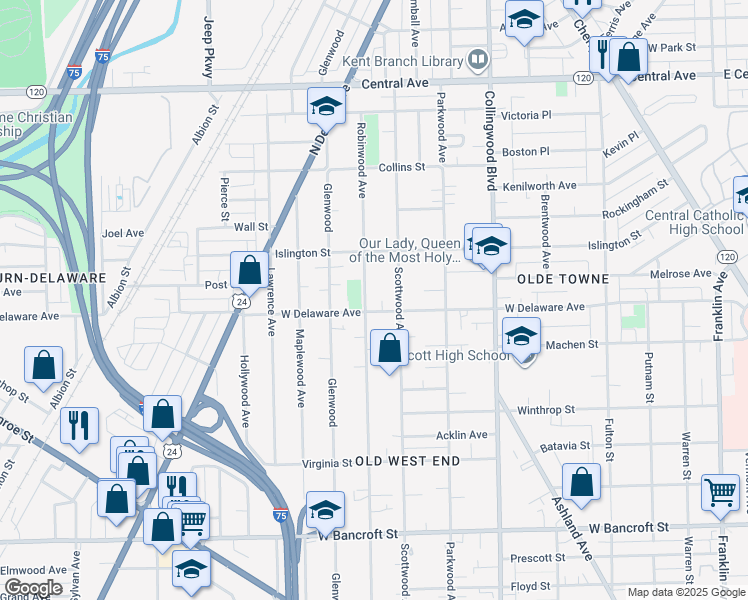 map of restaurants, bars, coffee shops, grocery stores, and more near in Toledo