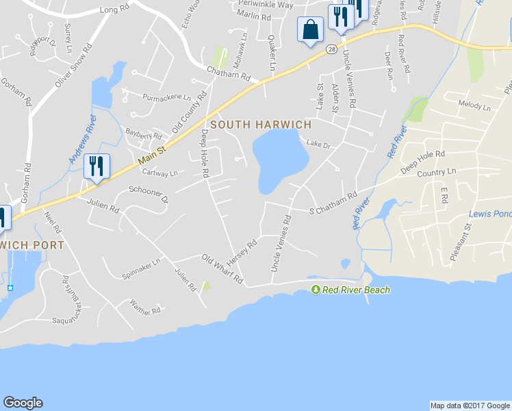 map of restaurants, bars, coffee shops, grocery stores, and more near 11 Skinequit Road in Harwich