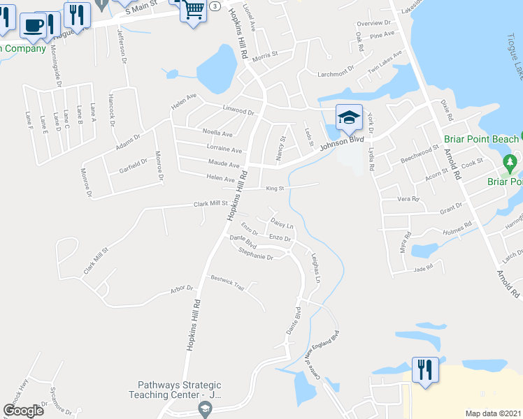 map of restaurants, bars, coffee shops, grocery stores, and more near 270 Hopkins Hill Road in Coventry