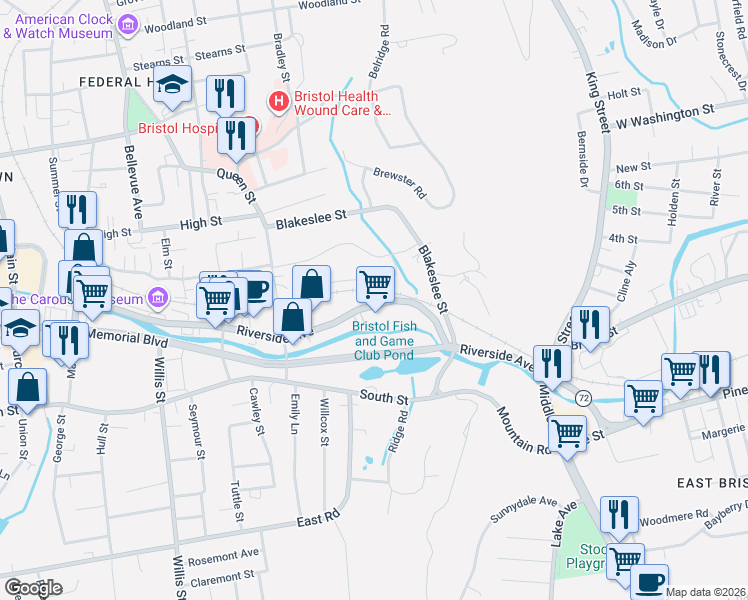 map of restaurants, bars, coffee shops, grocery stores, and more near 373 Riverside Avenue in Bristol