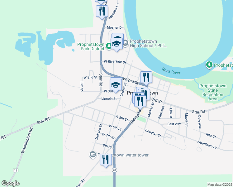 map of restaurants, bars, coffee shops, grocery stores, and more near 301 West 3rd Street in Prophetstown