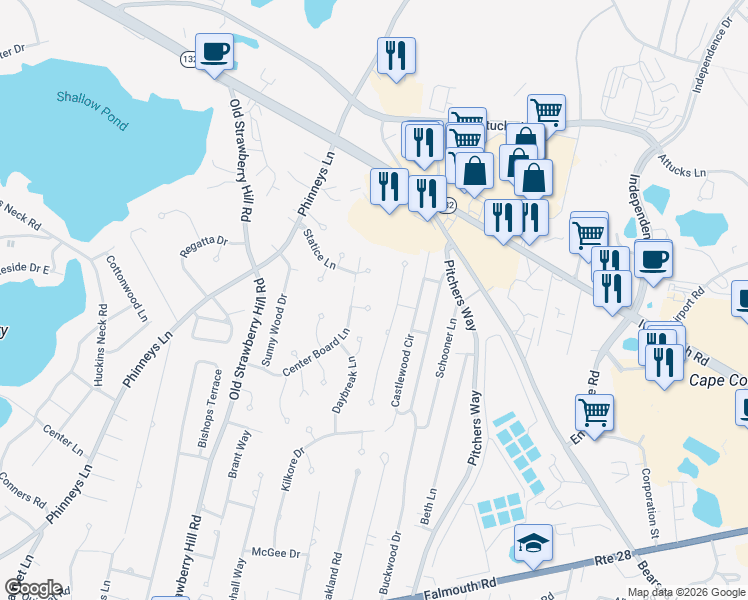 map of restaurants, bars, coffee shops, grocery stores, and more near 18 Seafarer Lane in Barnstable