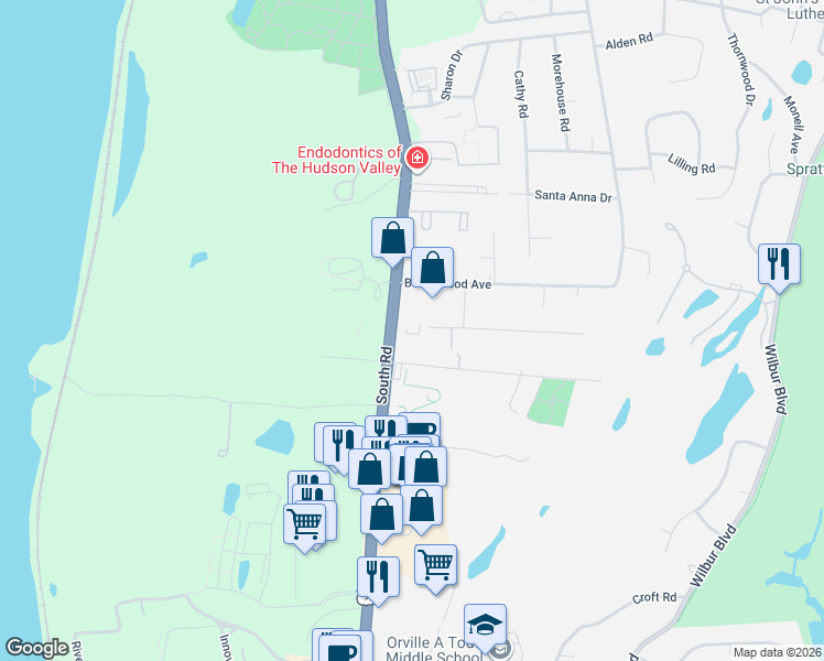 map of restaurants, bars, coffee shops, grocery stores, and more near 2668 South Road in Poughkeepsie