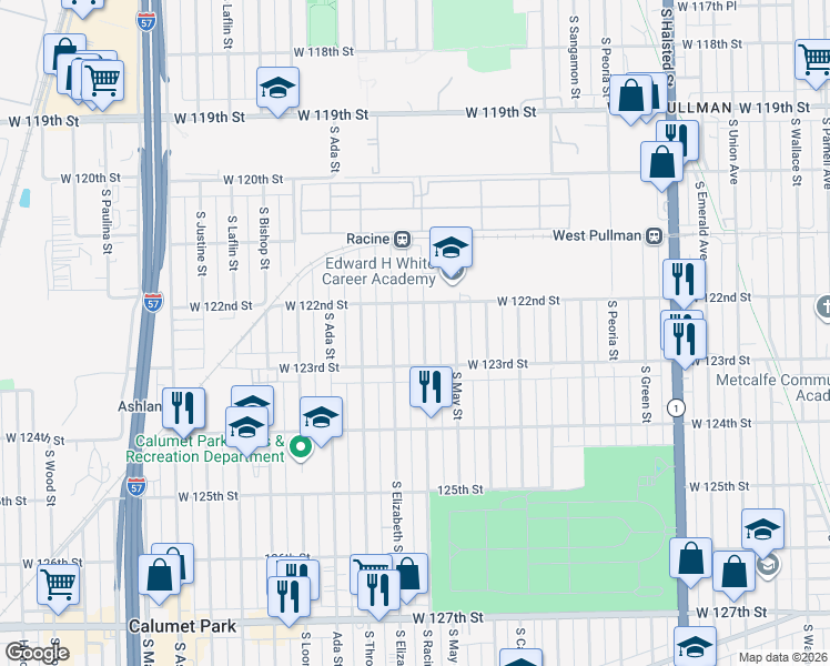map of restaurants, bars, coffee shops, grocery stores, and more near 12223 South Elizabeth Street in Chicago
