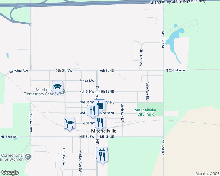 map of restaurants, bars, coffee shops, grocery stores, and more near 201 4th Street Northeast in Mitchellville