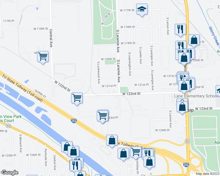 map of restaurants, bars, coffee shops, grocery stores, and more near 5225 West 121st Place in Alsip