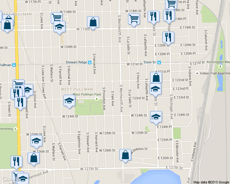 map of restaurants, bars, coffee shops, grocery stores, and more near 12237 South Yale Avenue in Chicago