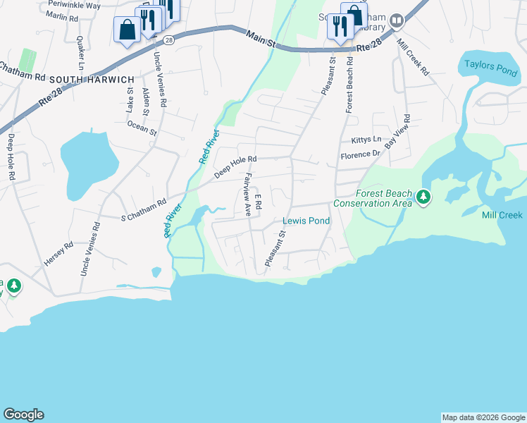 map of restaurants, bars, coffee shops, grocery stores, and more near 24 East Road in Chatham