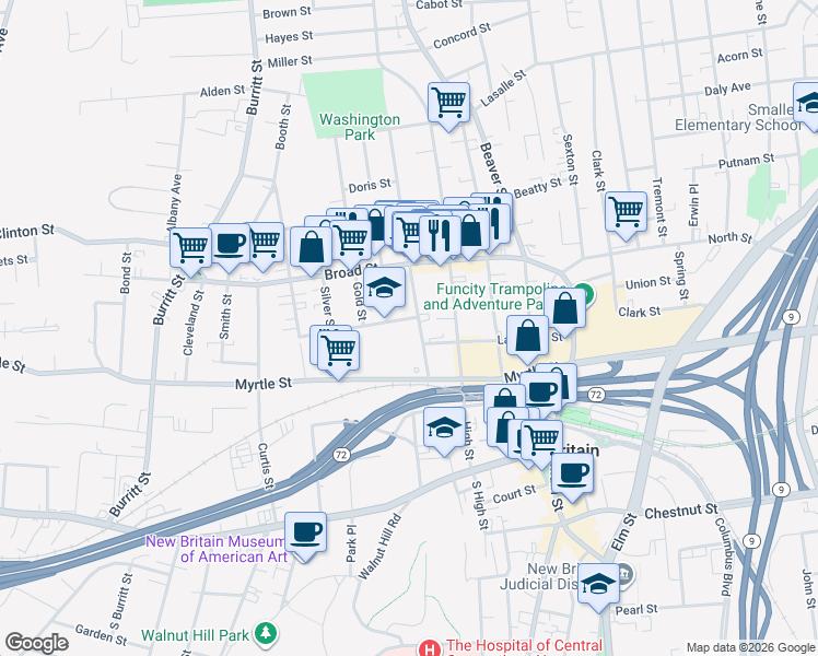 map of restaurants, bars, coffee shops, grocery stores, and more near 44 Grove Street in New Britain