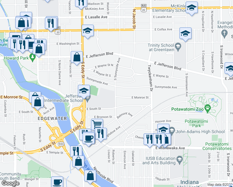 map of restaurants, bars, coffee shops, grocery stores, and more near 510 South Sunnyside Avenue in South Bend