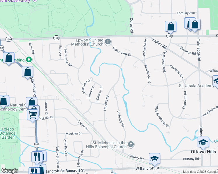 map of restaurants, bars, coffee shops, grocery stores, and more near 2701 Edgehill Rd in Toledo