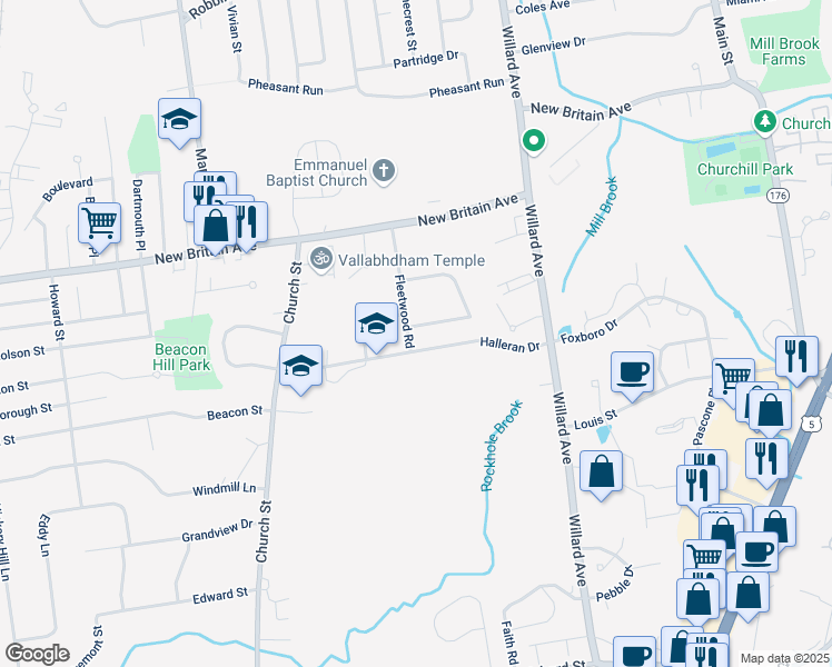 map of restaurants, bars, coffee shops, grocery stores, and more near 5 Lincoln Road in Newington