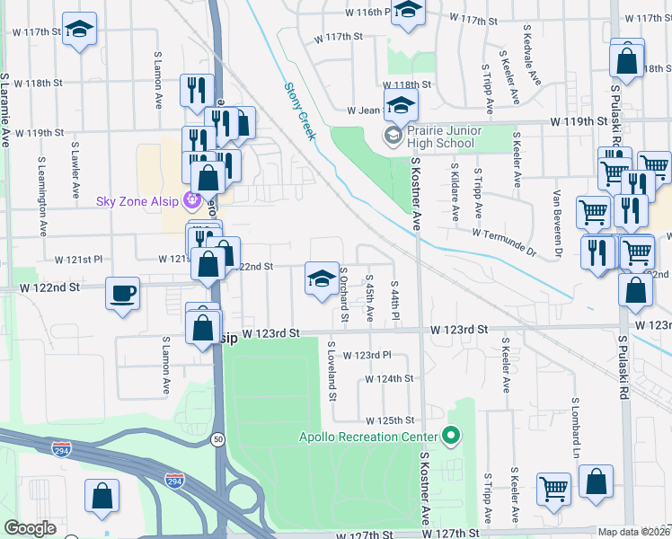 map of restaurants, bars, coffee shops, grocery stores, and more near 4552 West 122nd Street in Alsip